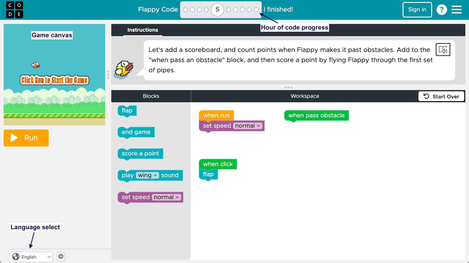 Screenshot of the hour of code website showing the Flappy Bird project