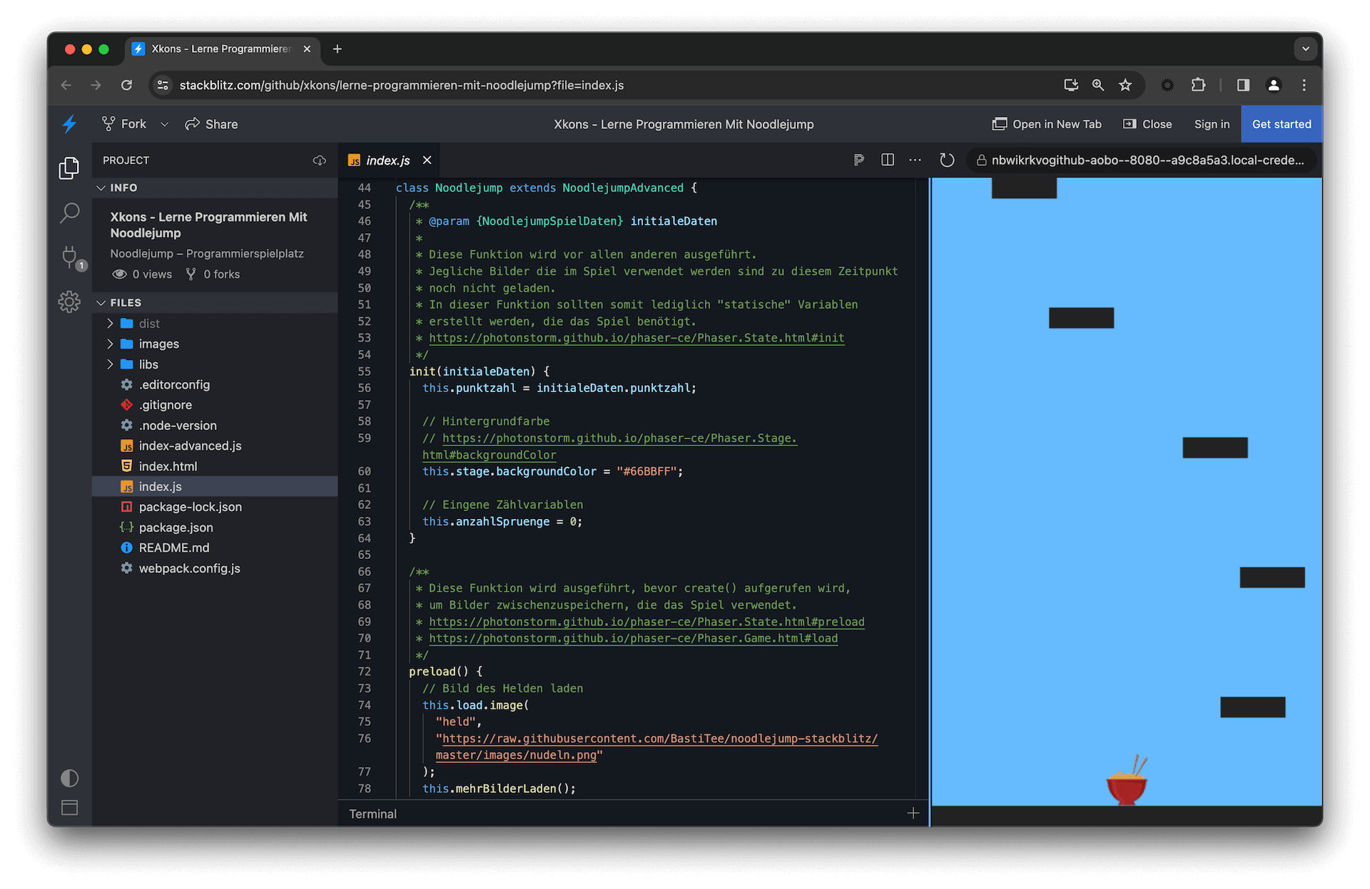 Screenshot of the Noodlejump game in the StackBlitz IDE in the chrome browser